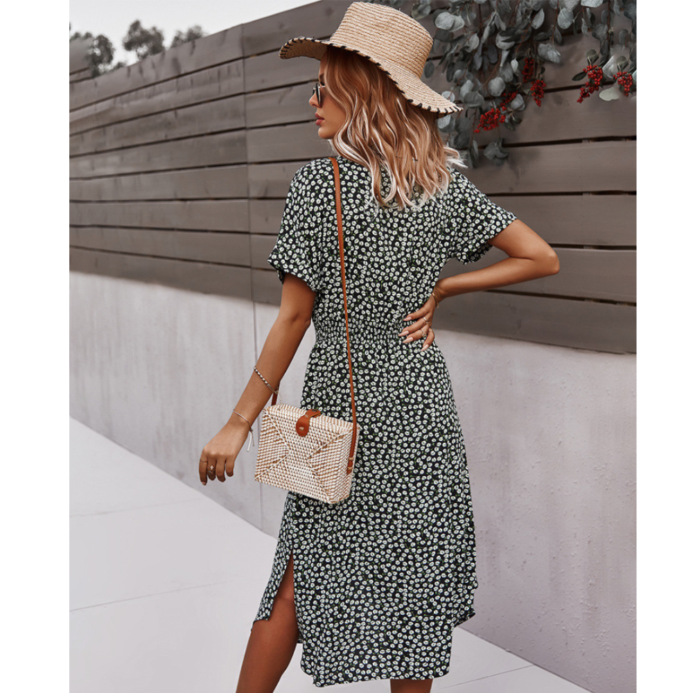 Women's Summer Floral Button Down V Neck Dresses