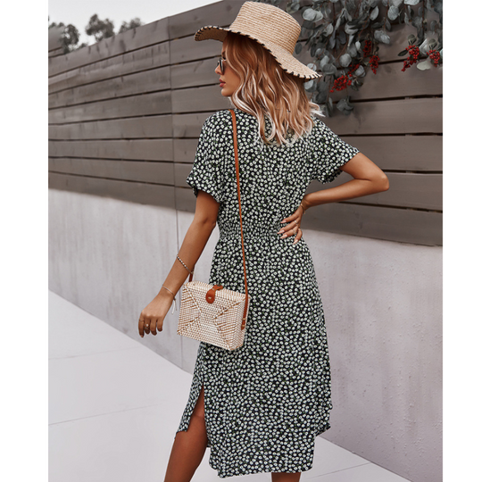 Women's Summer Floral Button Down V Neck Dresses