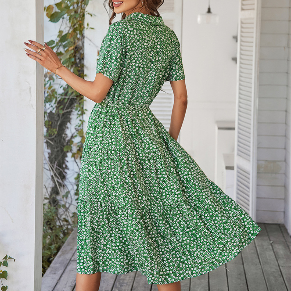 V-Neck Waist Belt Floral Print Maxi Dress