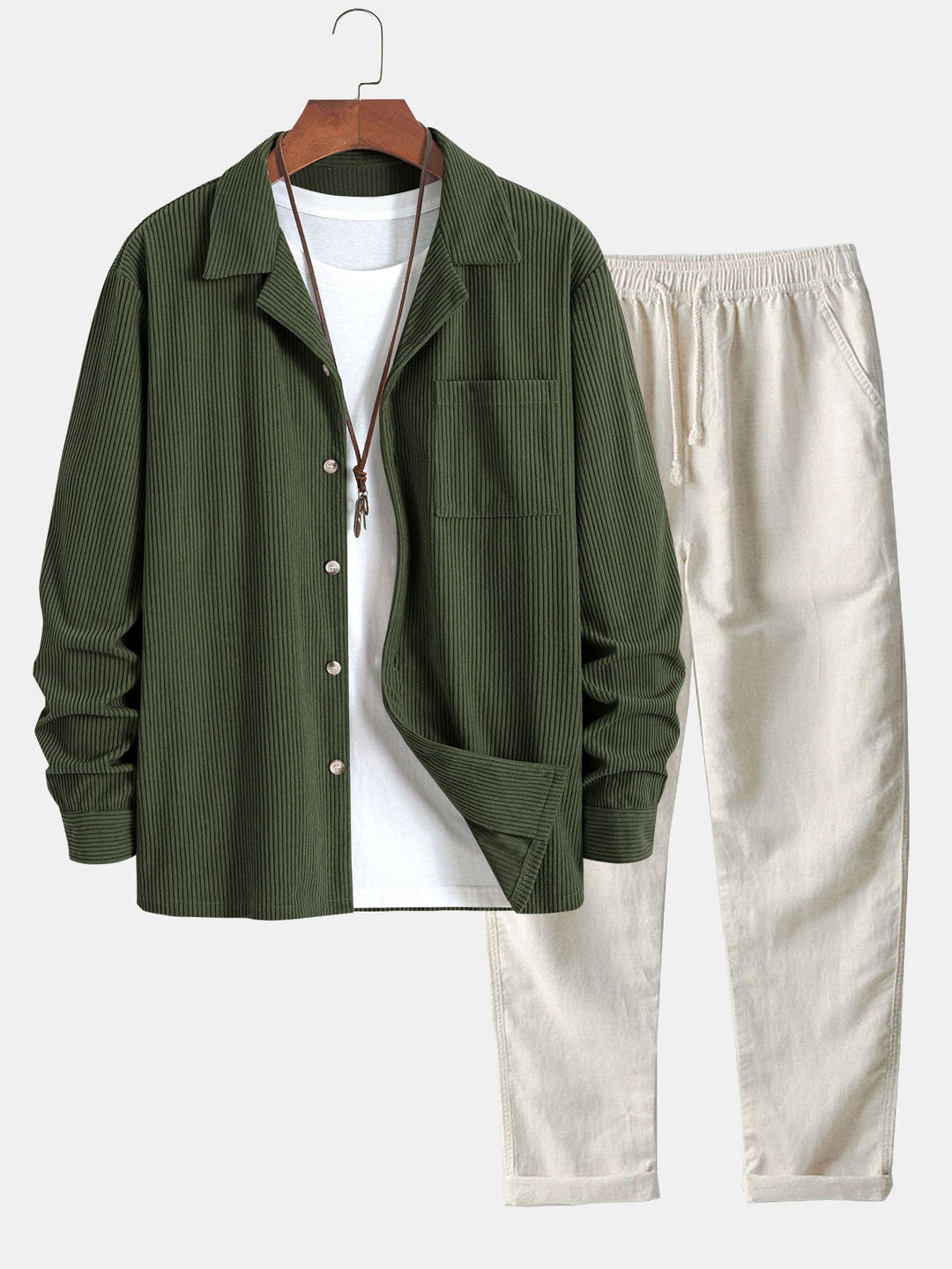 Corduroy Cuban collar long sleeve shirt and straight leg linen pants