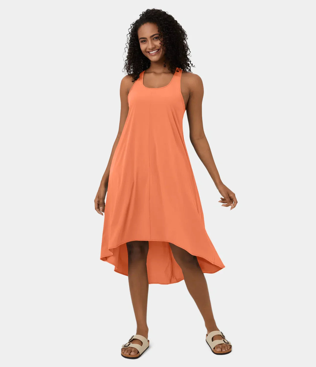 Midi Casual Dress With Backless Racerback And Side Pocket