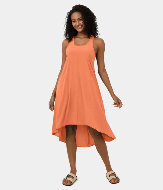 Midi Casual Dress With Backless Racerback And Side Pocket