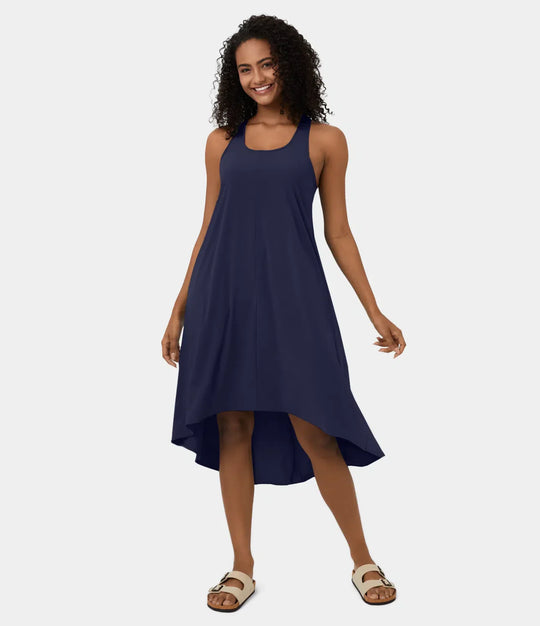 Midi Casual Dress With Backless Racerback And Side Pocket