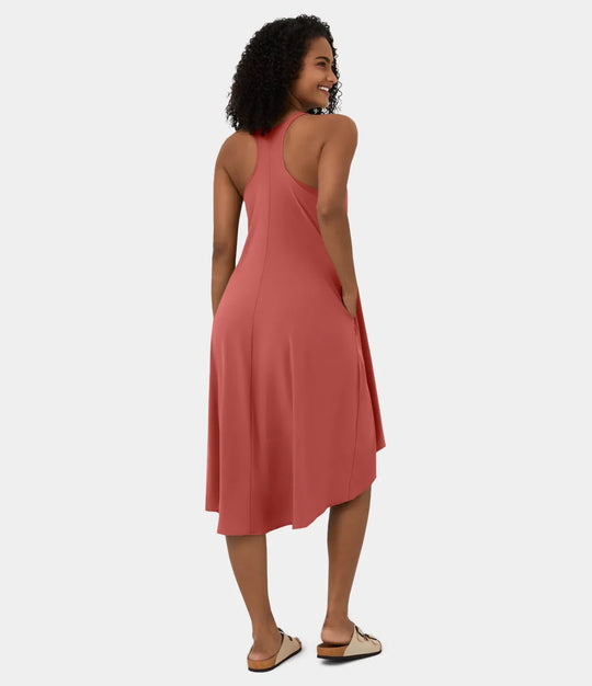 Midi Casual Dress With Backless Racerback And Side Pocket