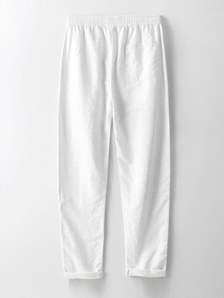 Long sleeve light brown collar shirt and straight linen pants