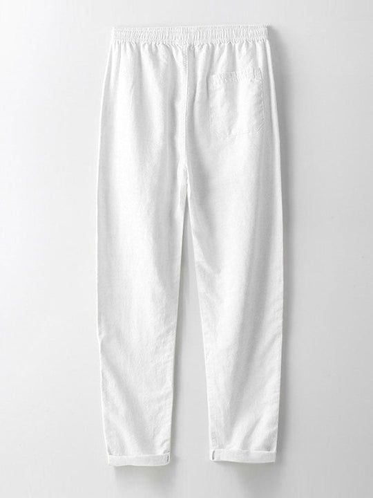 Long sleeve light brown collar shirt and straight linen pants