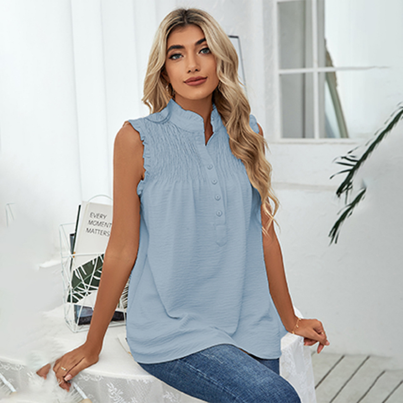 High Collar Button Ruffled Sleeves Less Blouse