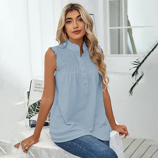 High Collar Button Ruffled Sleeves Less Blouse