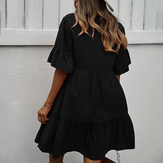 Semi Collar Flared Short Sleeves Midi Drees