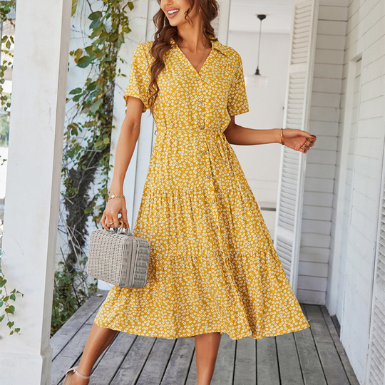 V-Neck Waist Belt Floral Print Maxi Dress