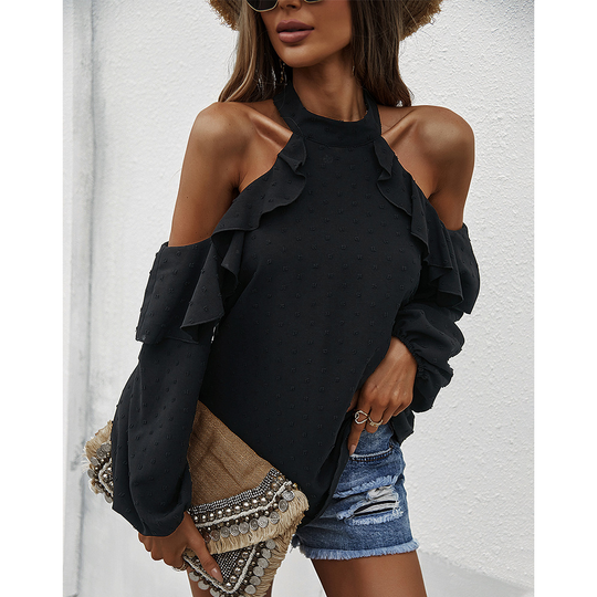 Ruffle Cold-Shoulder Polka Dots Blouse