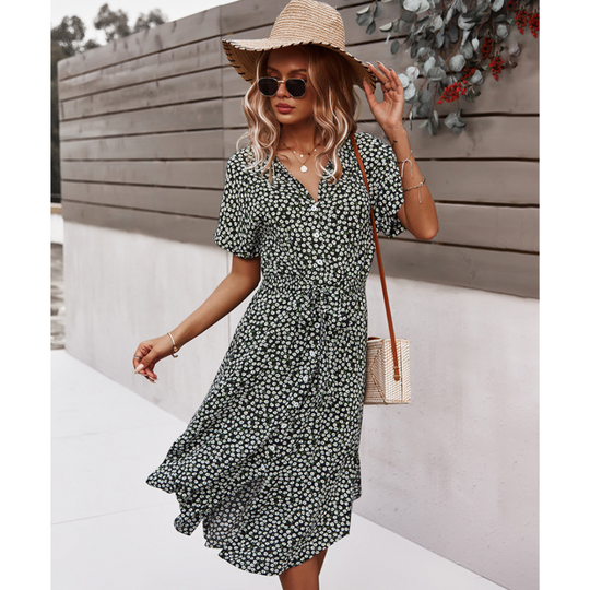 Women's Summer Floral Button Down V Neck Dresses