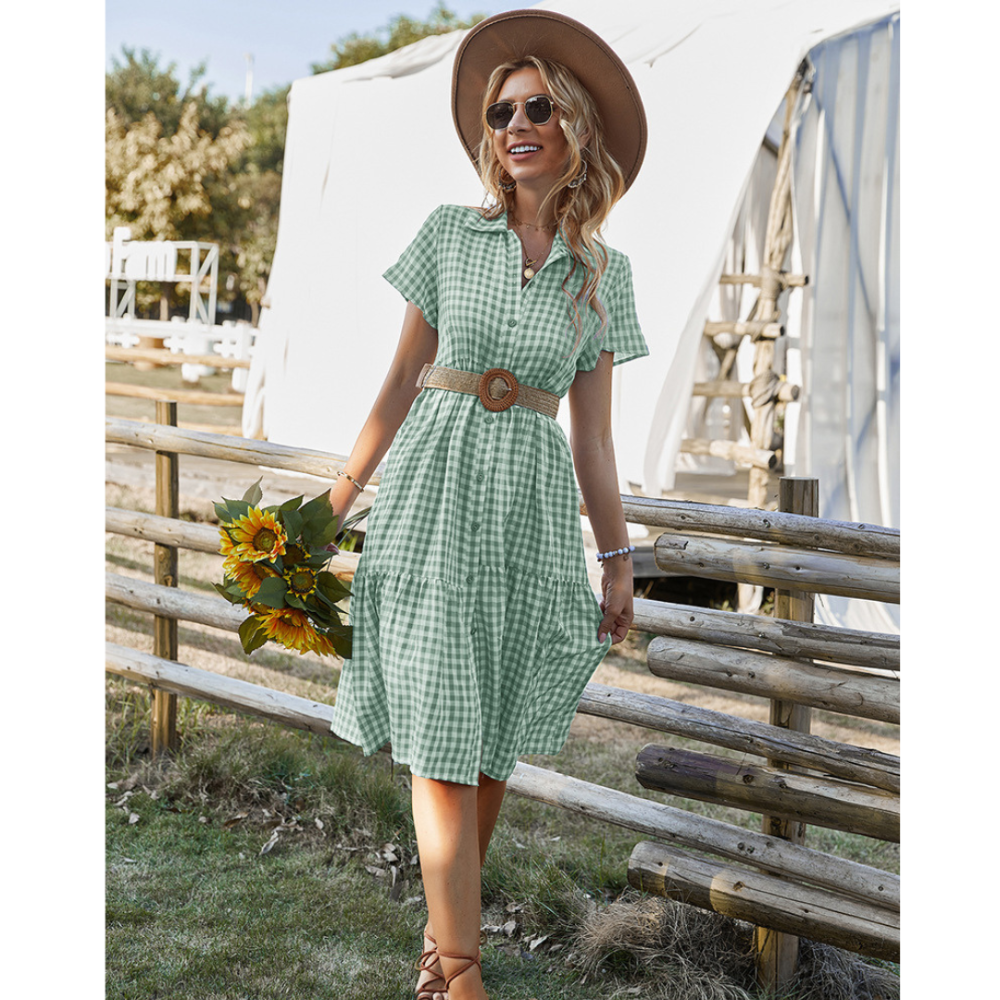 Women Buttoned Gingham Summer Dress