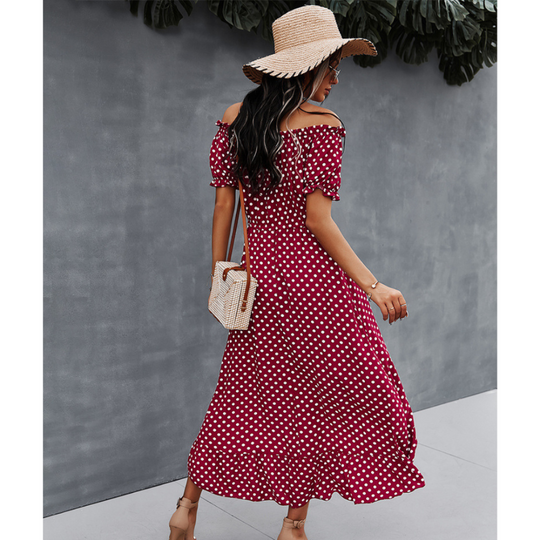 Off-Shoulder Polka Dot High Low Ruffle Hem Dress