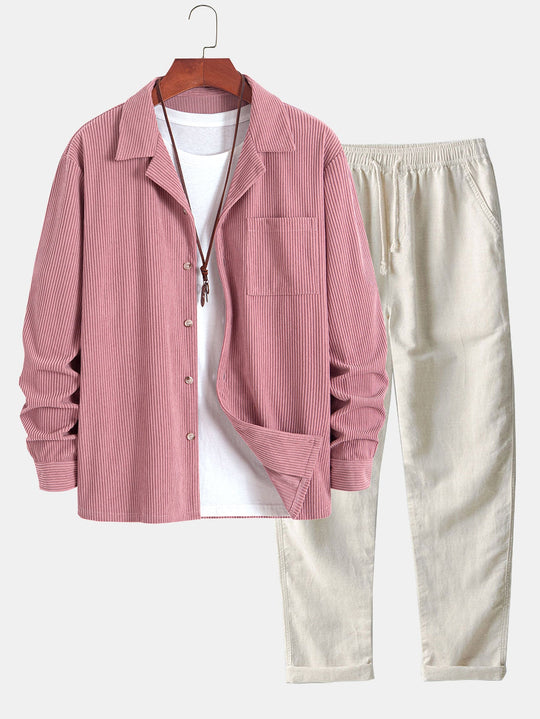 Corduroy Cuban collar long sleeve shirt and straight leg linen pants