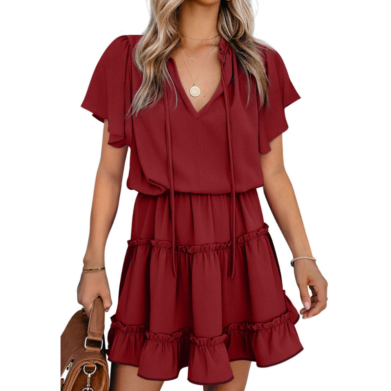 Flounce Sleeve V- Neck Casual Dress