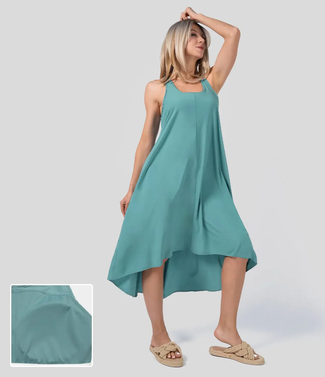 Midi Casual Dress With Backless Racerback And Side Pocket