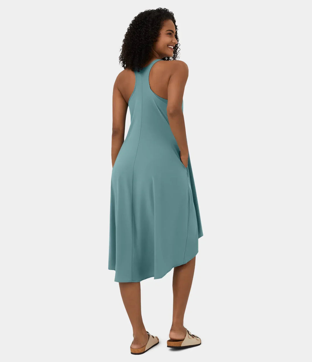 Midi Casual Dress With Backless Racerback And Side Pocket