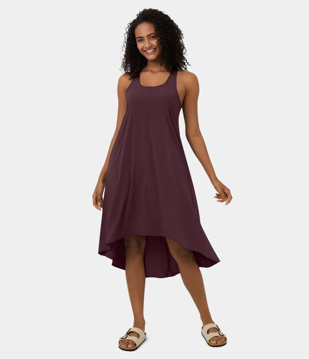 Midi Casual Dress With Backless Racerback And Side Pocket