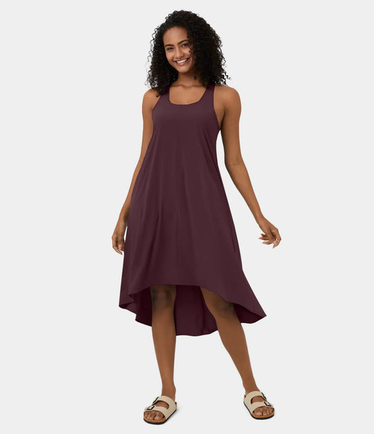 Midi Casual Dress With Backless Racerback And Side Pocket
