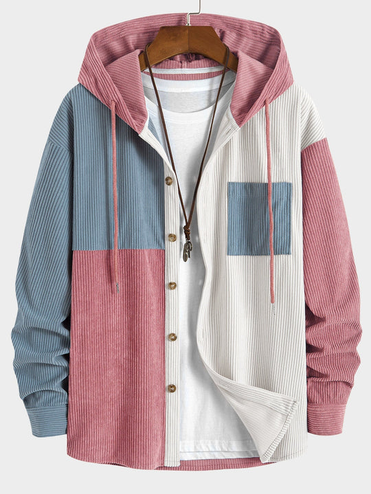 Laurent™ - Colorblock corduroy hooded shirt