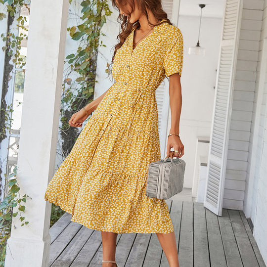 V-Neck Waist Belt Floral Print Maxi Dress