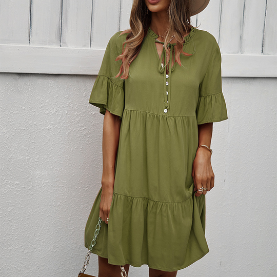 Semi Collar Flared Short Sleeves Midi Drees