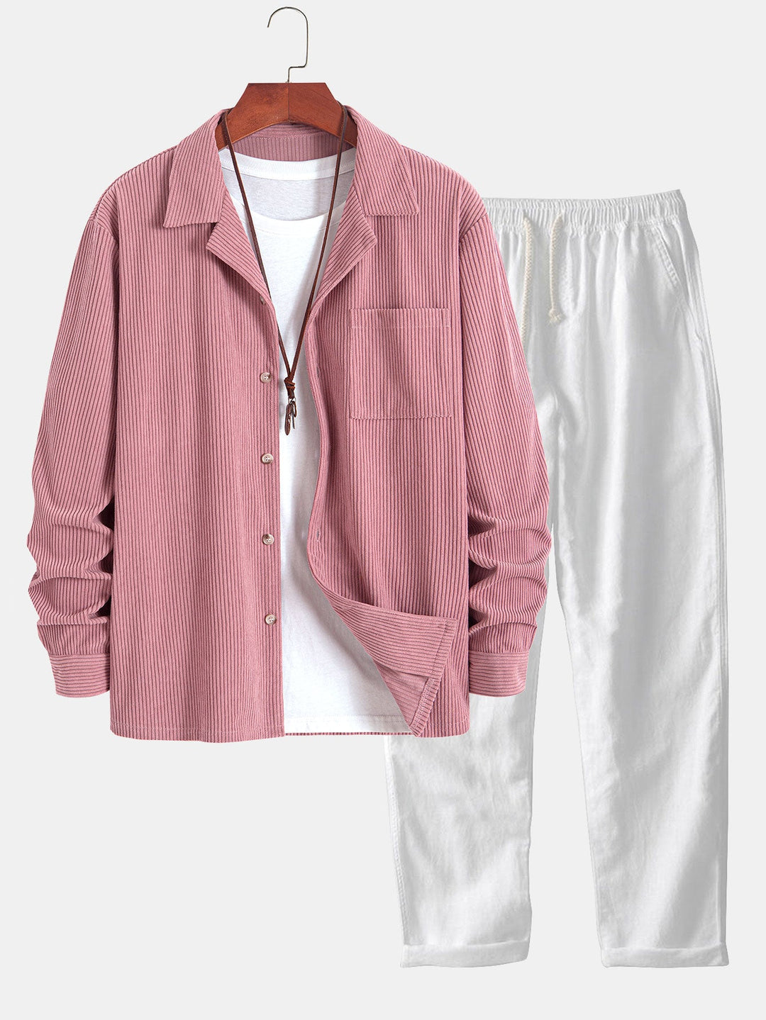 Corduroy Cuban collar long sleeve shirt and straight leg linen pants