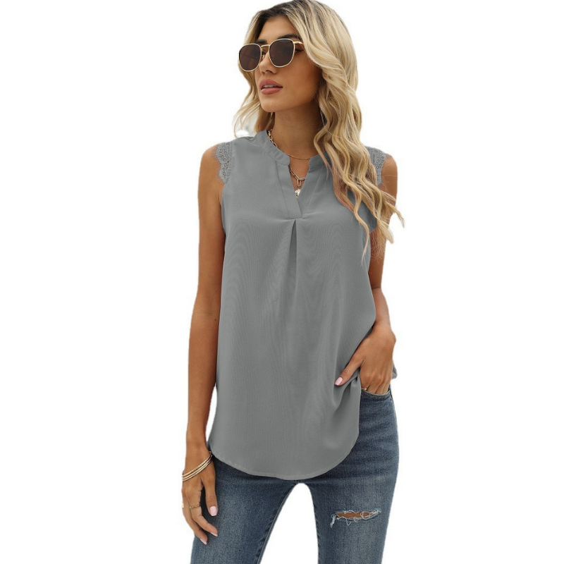 Lace Cap Sleeves V Neck Blouse