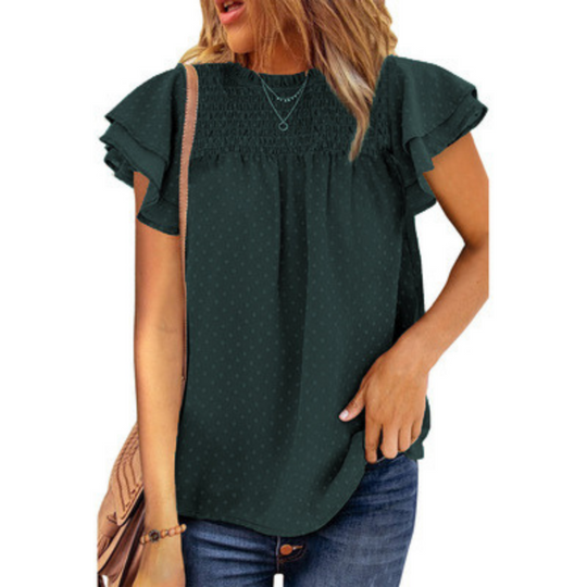 Flounce Cap Sleeves Dot Print Blouse