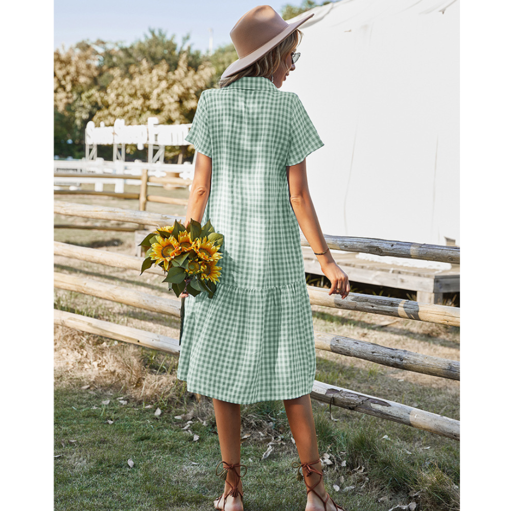 Women Buttoned Gingham Summer Dress