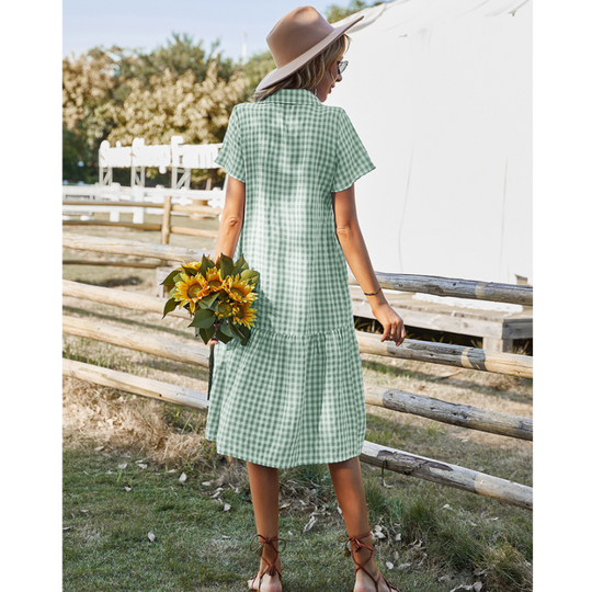 Women Buttoned Gingham Summer Dress