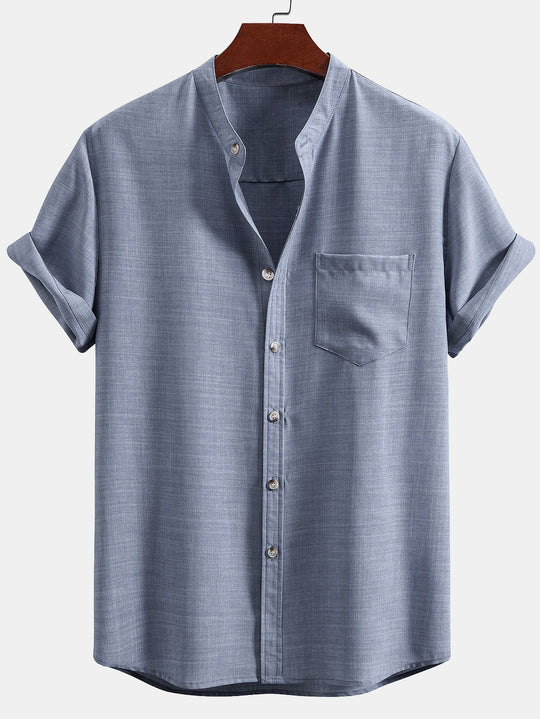 Short sleeve light brown collar shirt and straight linen pants