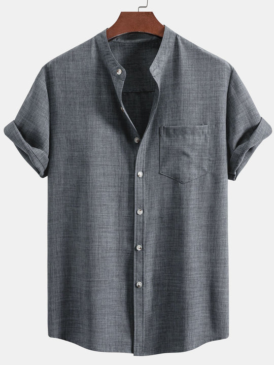 Short sleeve light brown collar shirt and straight linen pants