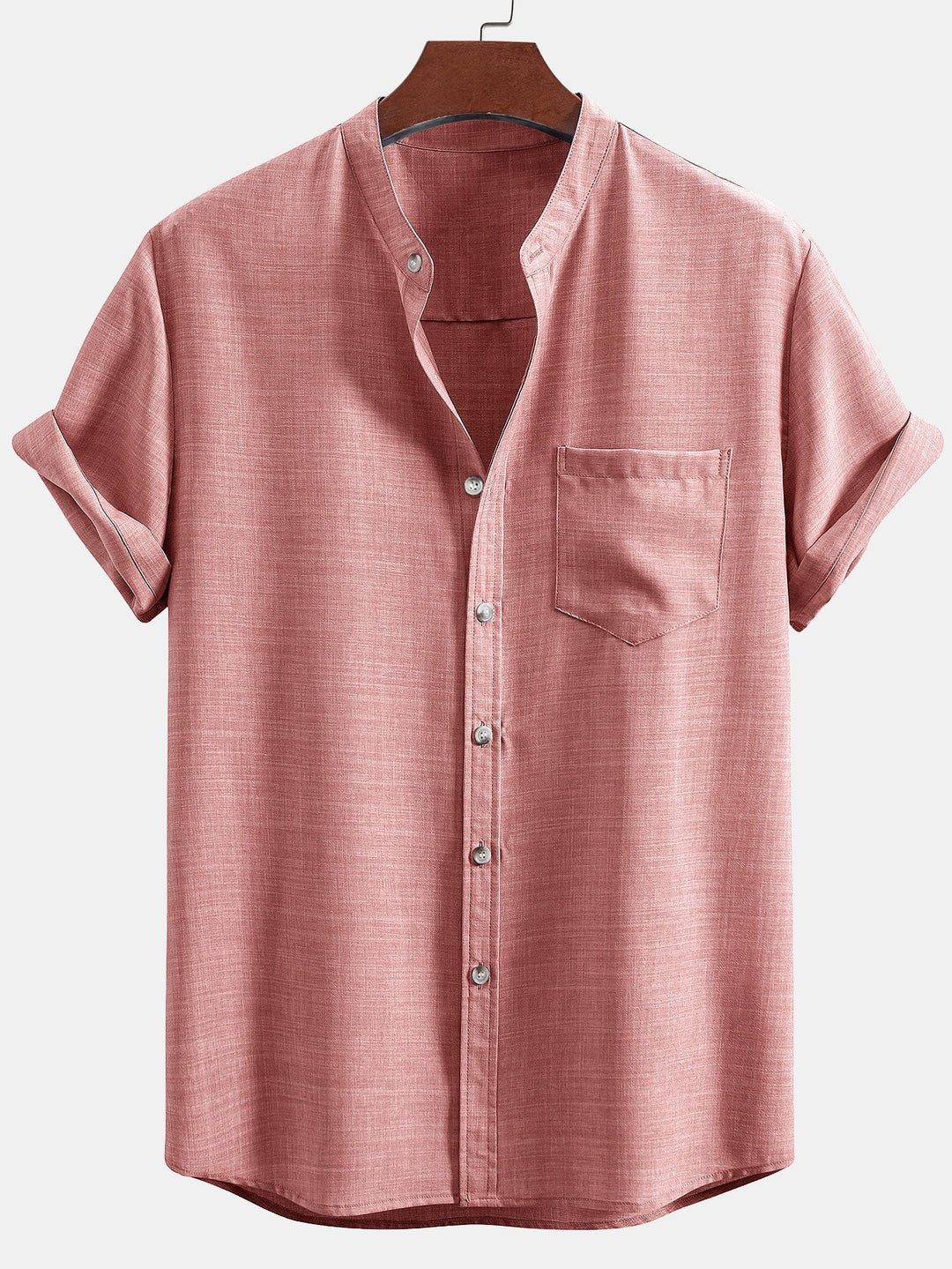 Short sleeve light brown collar shirt and straight linen pants