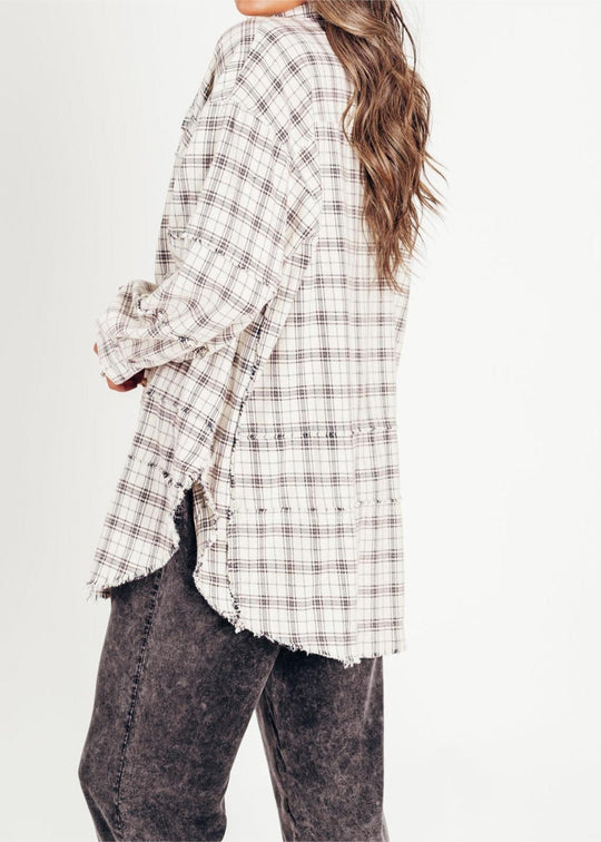 Raw Edge Oversized Washed Shirt Jacket With Pockets