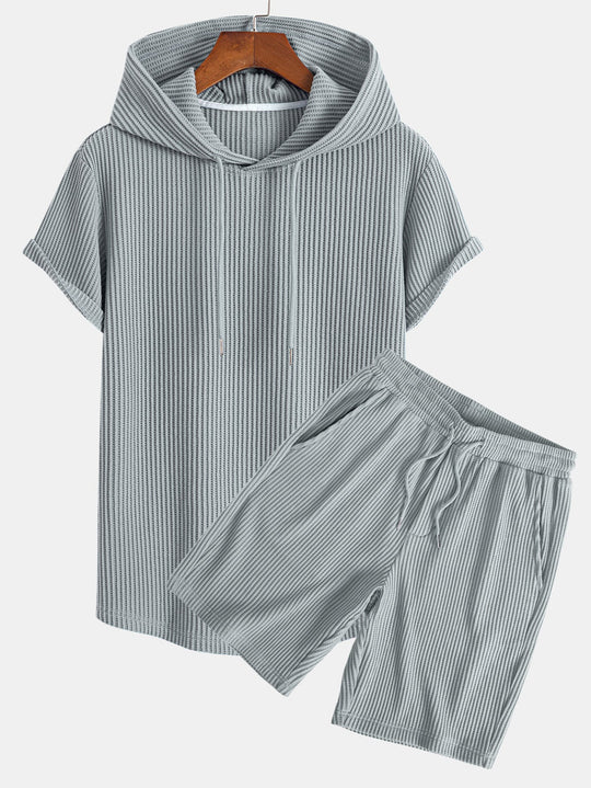 Knitted Waffle Hem Hooded T-Shirt & Drawstring Waffle Shorts