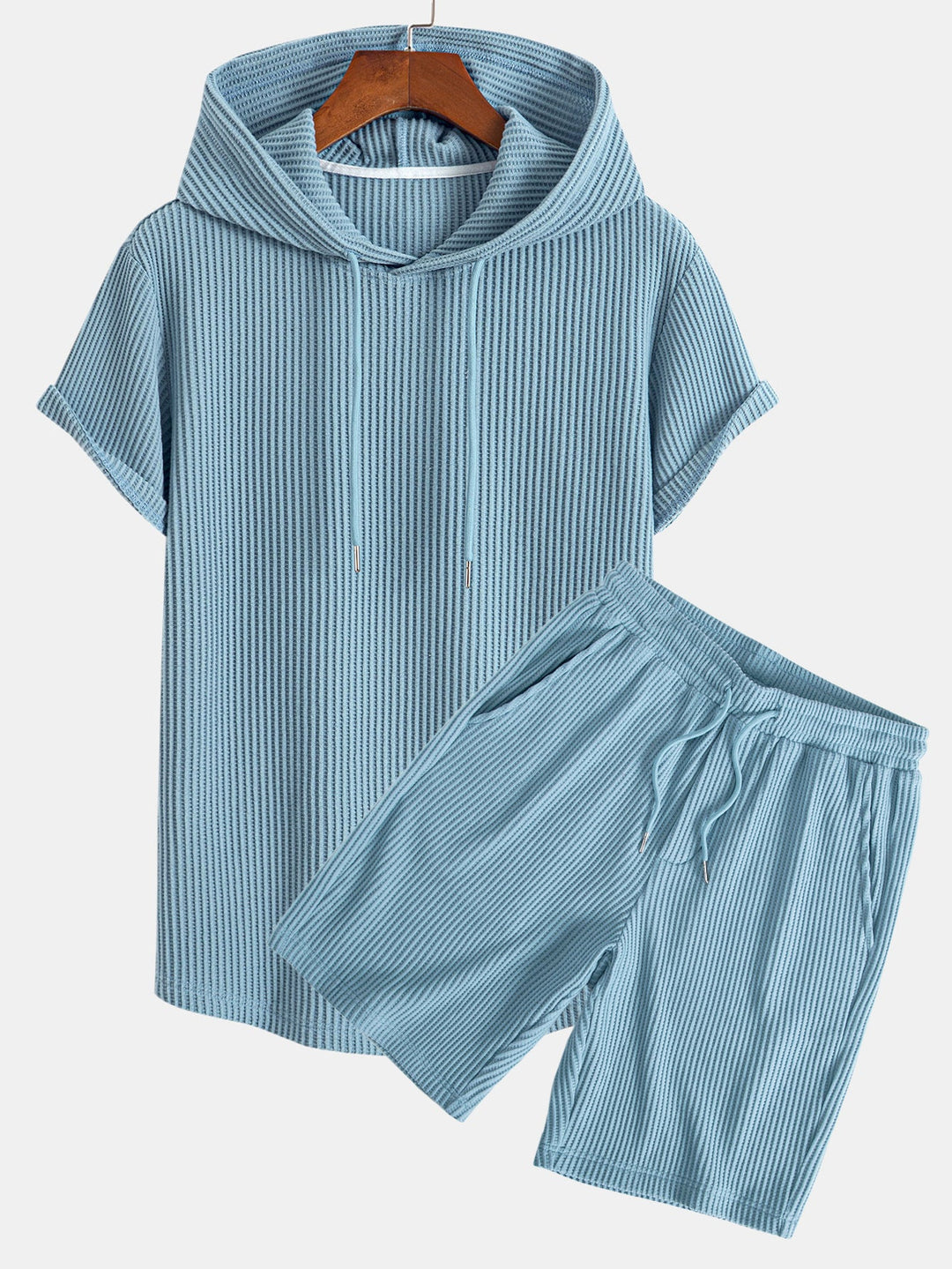 Knitted Waffle Hem Hooded T-Shirt & Drawstring Waffle Shorts