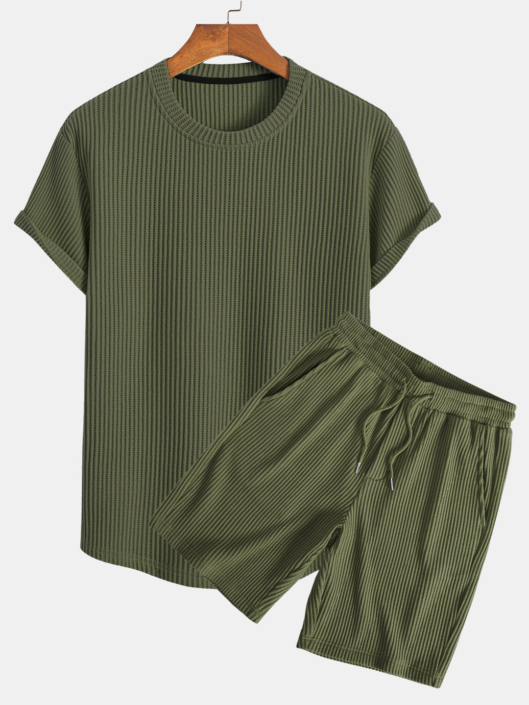 Knitted waffle hemT-Shirt& Drawstring Waffle Shorts