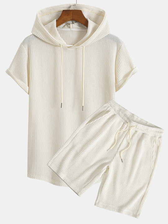 Knitted Waffle Hem Hooded T-Shirt & Drawstring Waffle Shorts