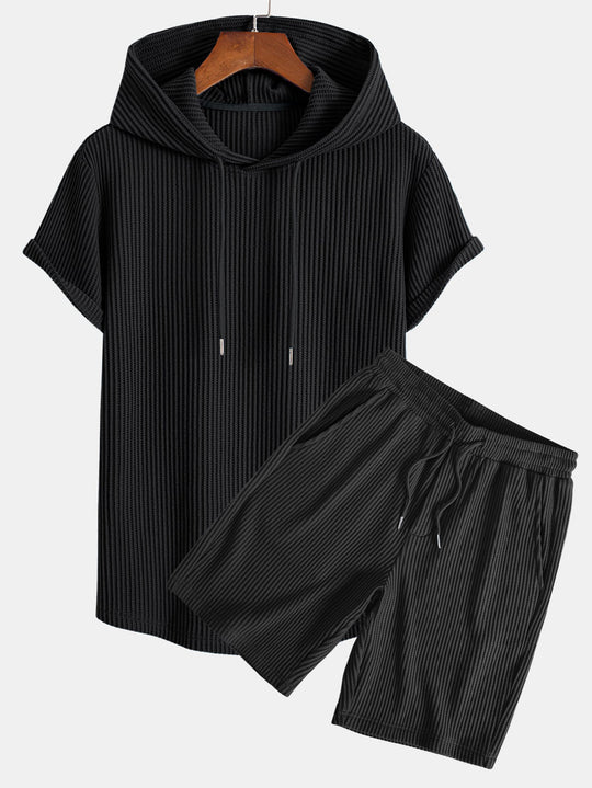 Knitted Waffle Hem Hooded T-Shirt & Drawstring Waffle Shorts