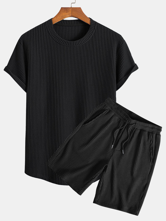 Knitted waffle hemT-Shirt& Drawstring Waffle Shorts