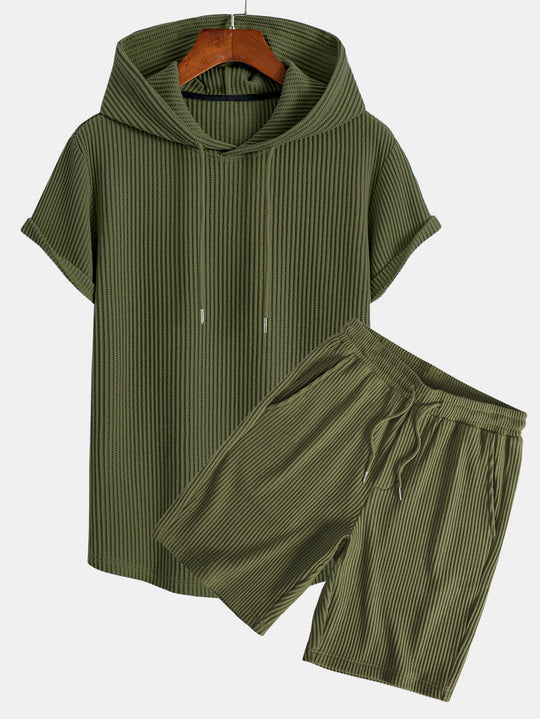 Knitted Waffle Hem Hooded T-Shirt & Drawstring Waffle Shorts