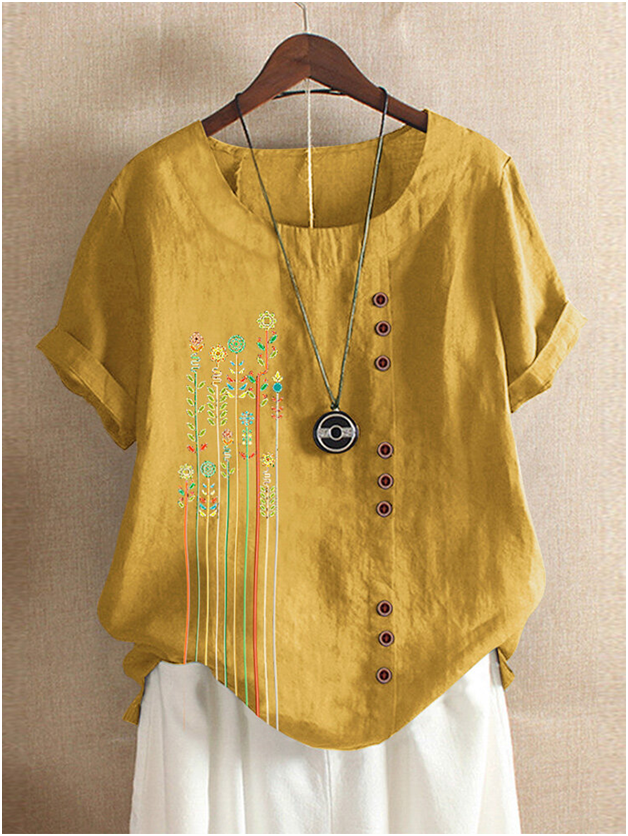 Leaf Patch Button Summer Blouse