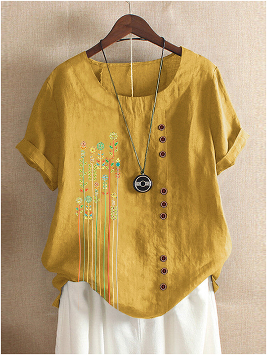 Leaf Patch Button Summer Blouse