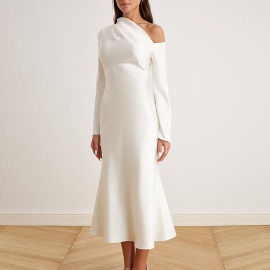 Elegant Bare Shoulder Satin Midi Dress