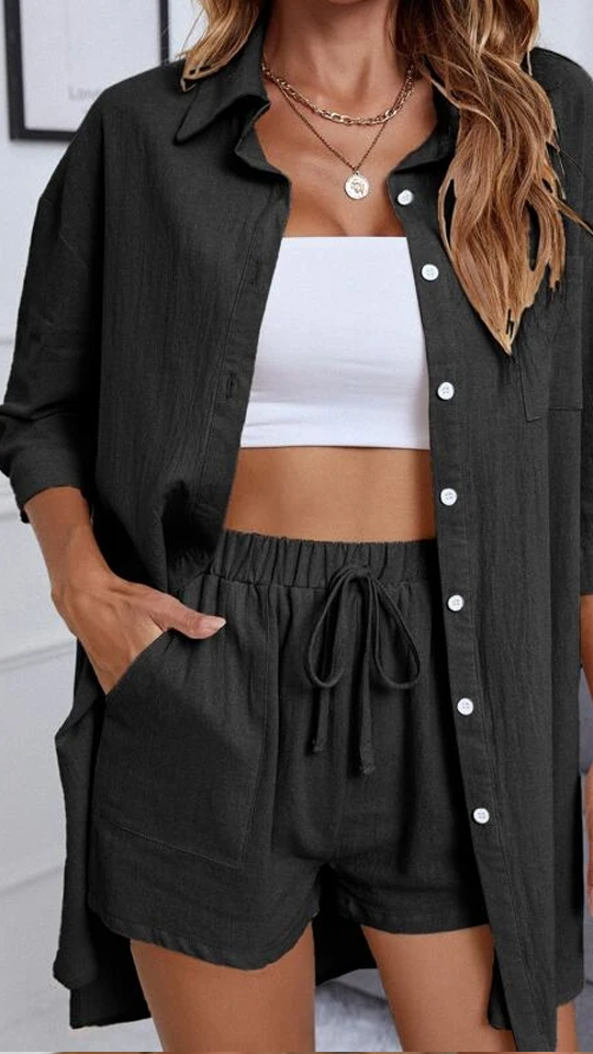 Button Up High Low Hem Shirt With Shorts