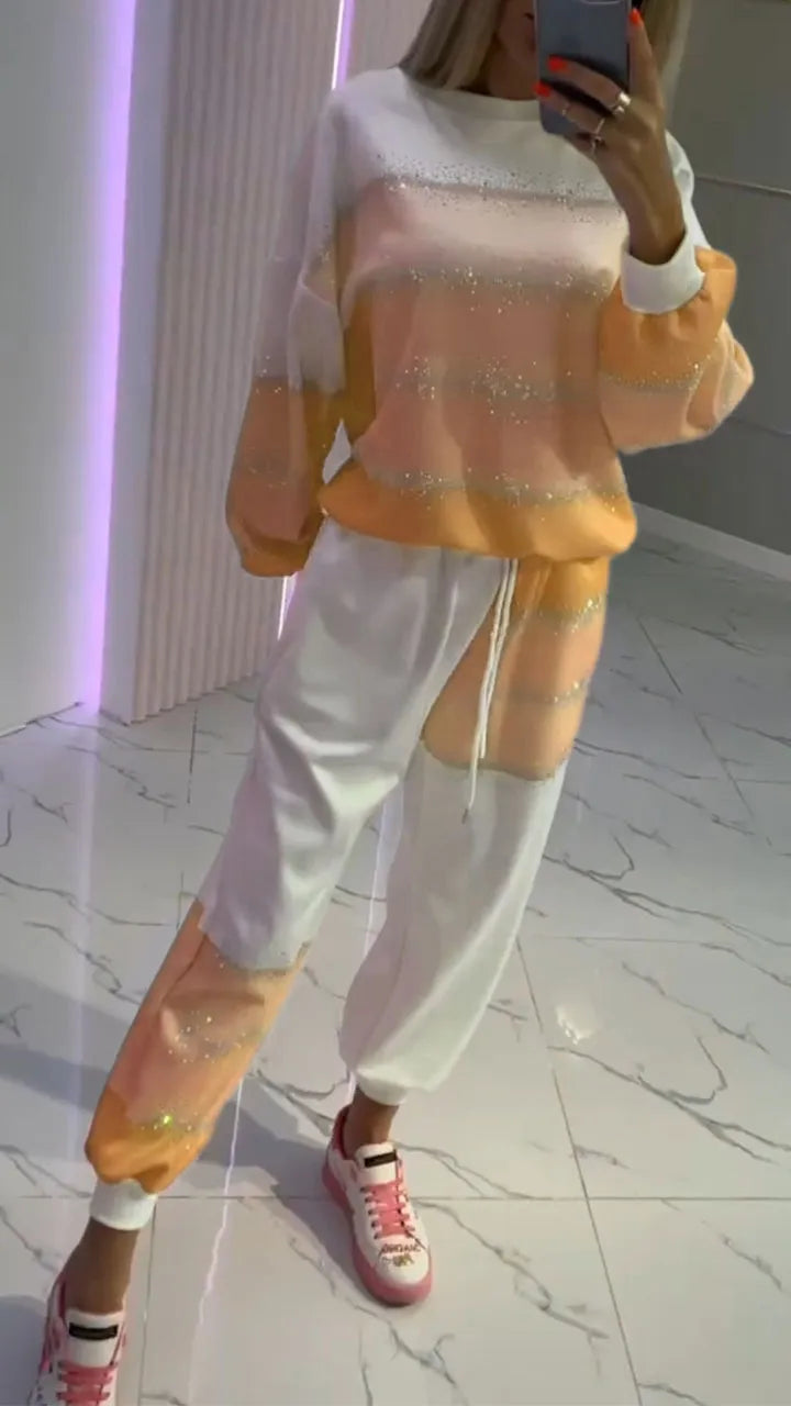 Aurora™ Gold-stamped Patchwork Top + Pants Drawstring Casual Set