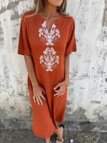 Lena™ Cotton and Linen Short-Sleeve Embroidery Dress