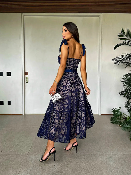 Hera Black/Blue Printed Sleeveless Midi Dress